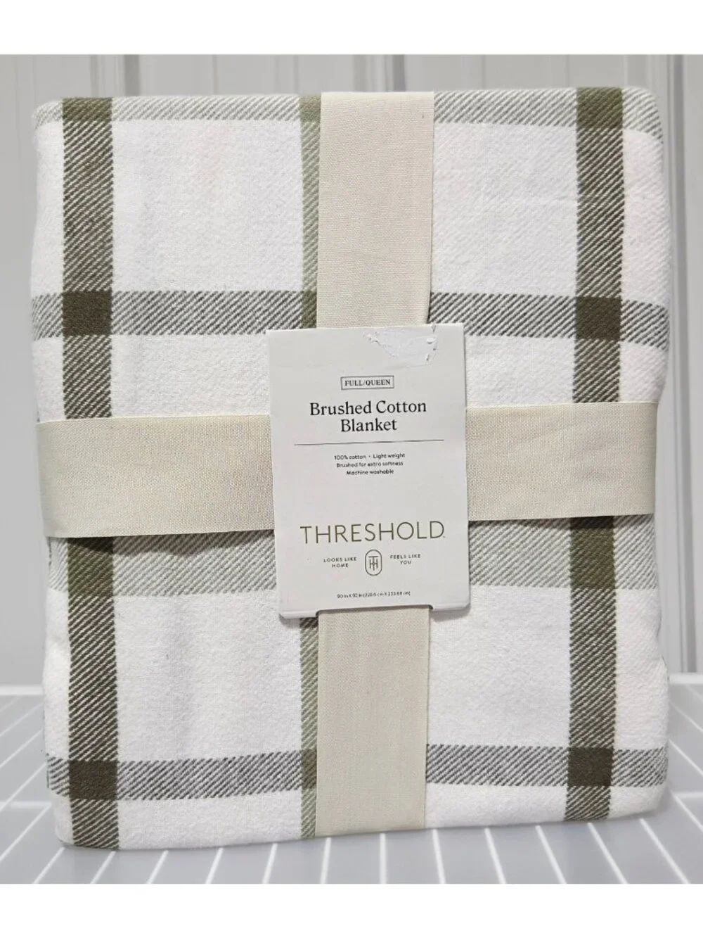 Queen Brushed Cotton Blanket Threshold Green Plaid Twill Hemstitching OOS